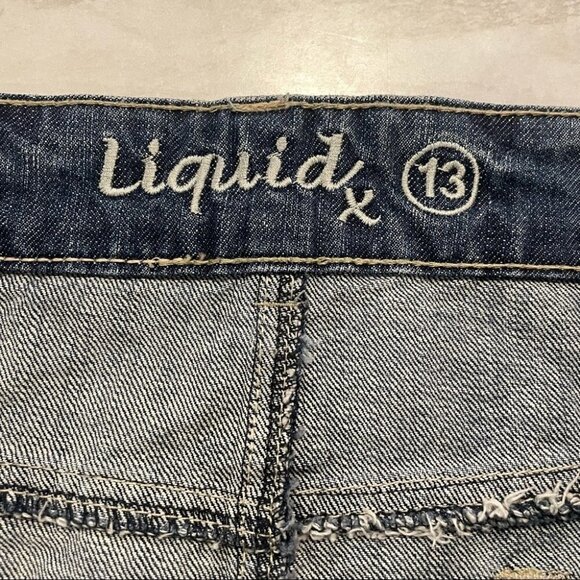 Vintage Y2K Denim Mini Skirt Sz L Blue Jean Distressed 13/14 Trendy - Picture 5 of 9